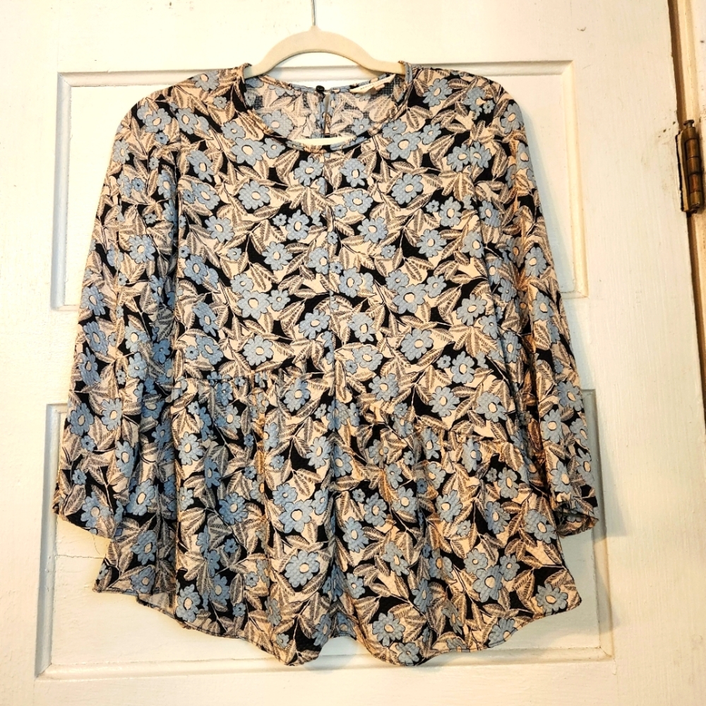 REBECCA TAYLOR Blouse, 100% Silk Floral Bijou Blue Black Peplum Ruffle EUC Sz 2